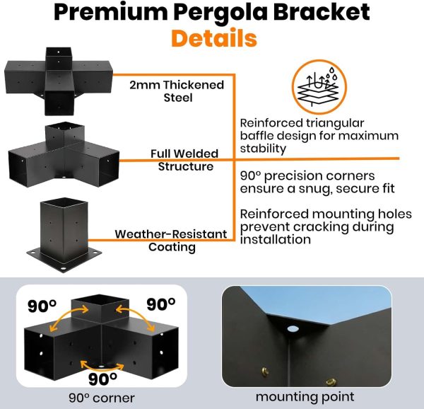 Pergola Brackets 4x4 & Pergola Kit – Heavy Duty 3-Way Corner Brackets for DIY Pergola Builds