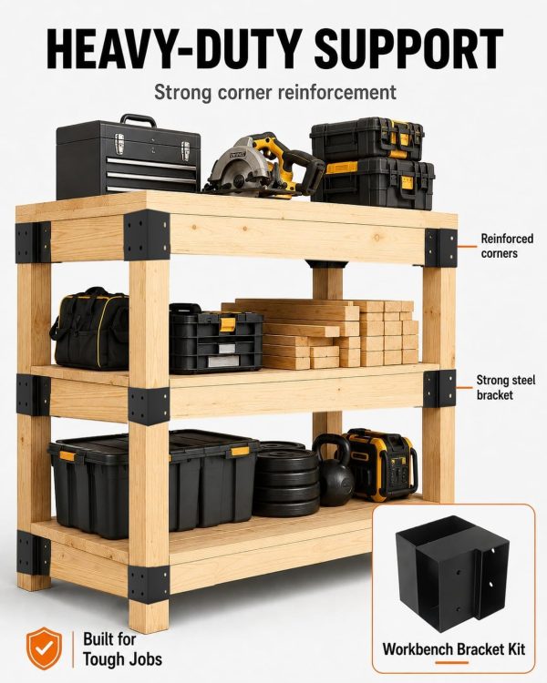 06 Workbench Bracket Kit | Heavy-Duty Steel DIY Garage Workbench Brackets for 2x4 & 4x4 Lumber